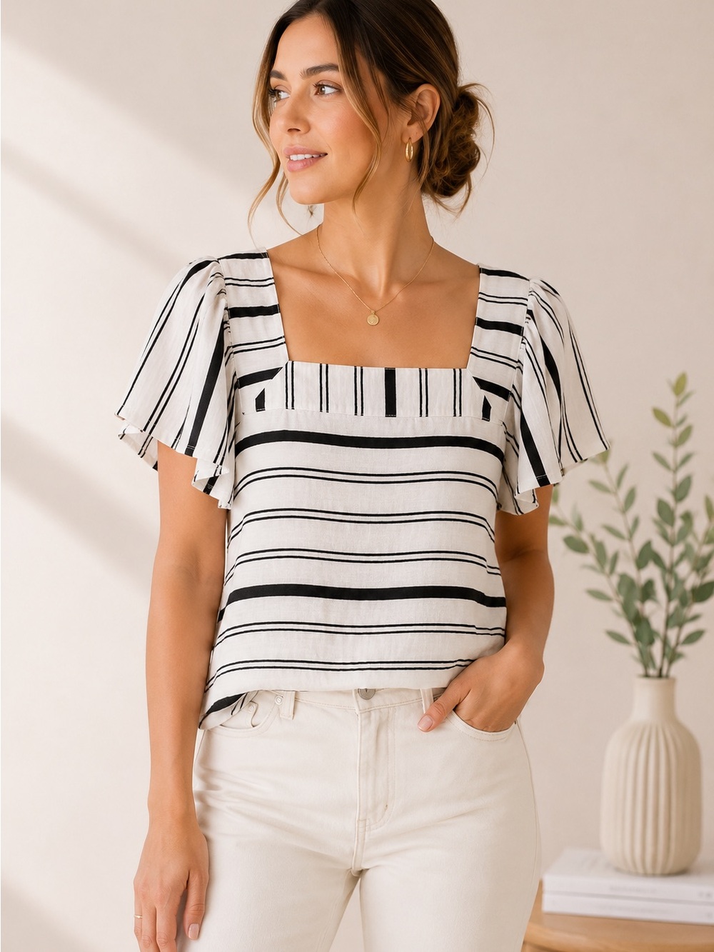 Vince Camuto Striped Flutter Sleeve Top Size M White Black Classy Business